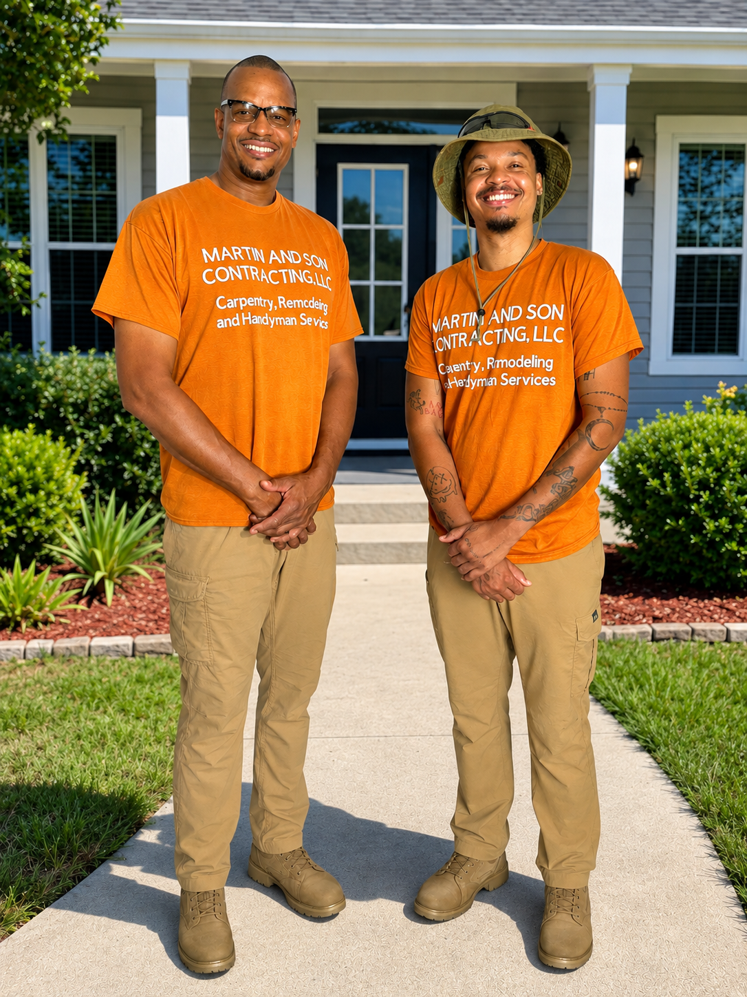 LaRue Martin and his son standing in front of a home in their Martin and Son Contracting shirts